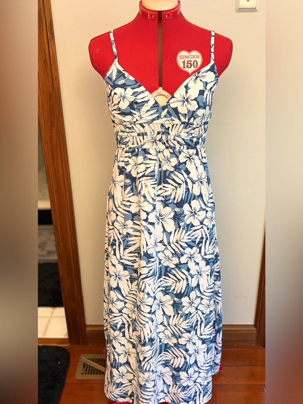 Blue & White Hawaiian Floral Maxi Sundress - Spaghetti Strap Size M